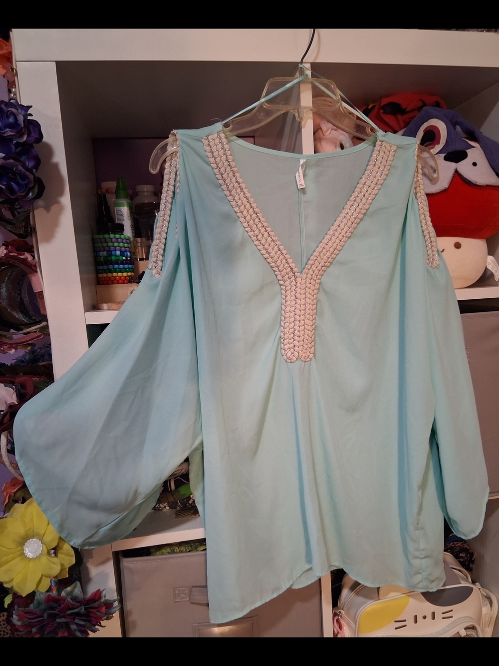 Passport Light Aqua Cold-Shoulder Blouse with Braided Trim